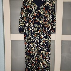 LOFT Navy Maxi Dress with Green & Orange Leaf Print
